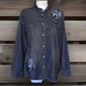 Vintage Roebuck & Co Black Chambray Denim Embroidered Floral Western Shirt NWT